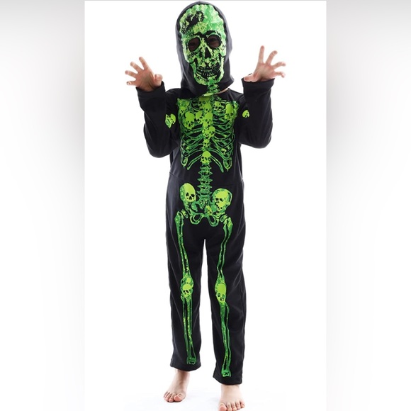 Kids Skeleton Halloween Costume Glow in Dark Mask & Jumpsuit Dia Los Muertos NEW - Picture 2 of 6